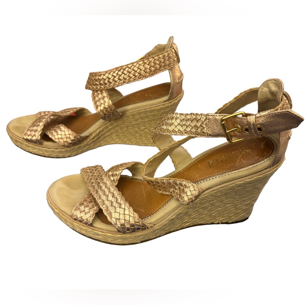 Sperry Women’s Gold Top-Sider Wedge Leather Gold Ankle Strap Espadrille Size 8.5